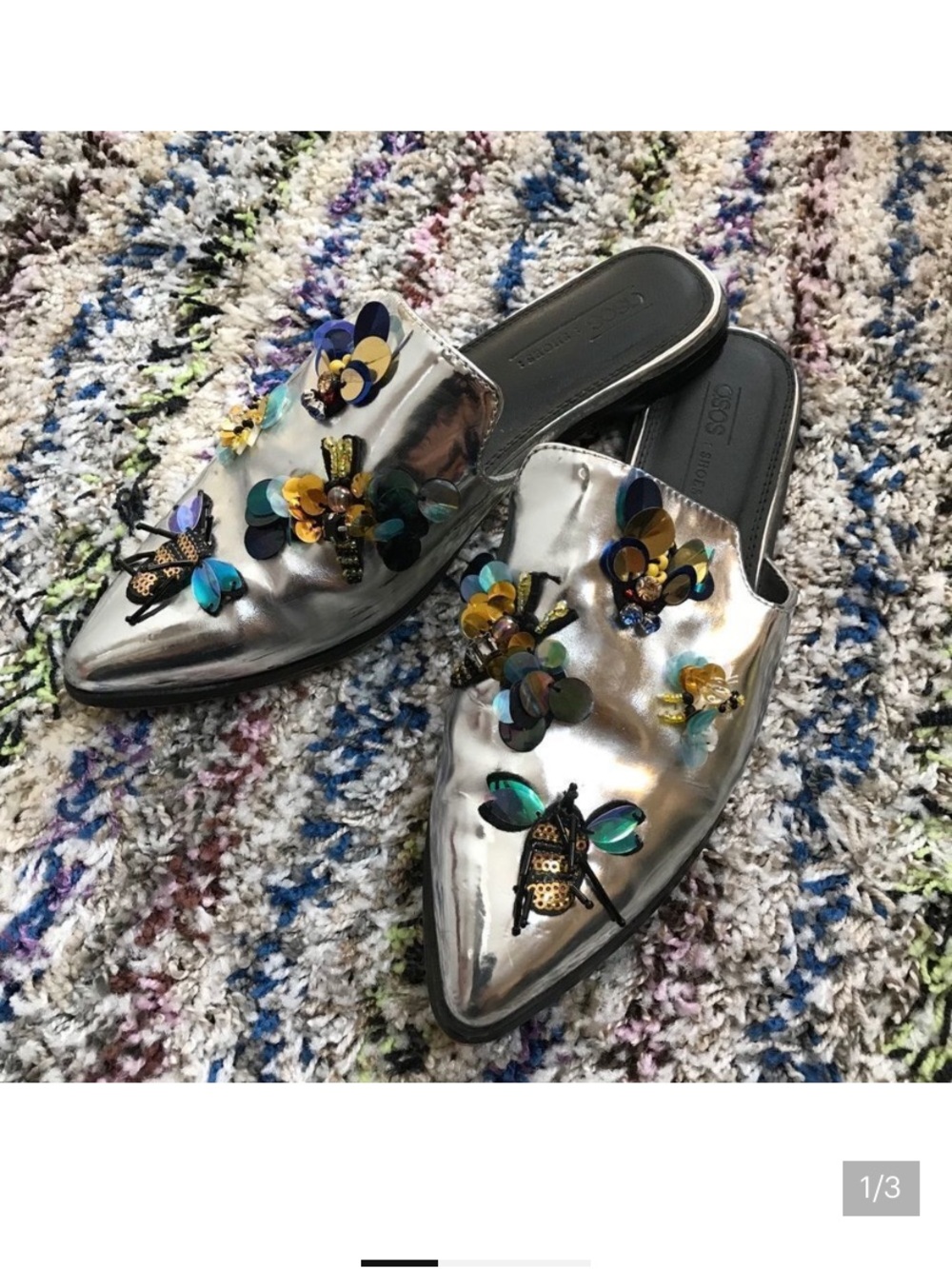 ASOS Silver Pointed Slip-On Mules with Multicolor Sequin Floral Appliqués